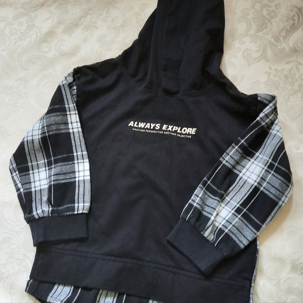 2 plaid shirts, one with hoodie